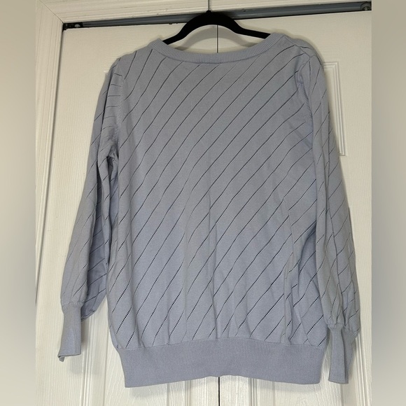 Modcloth Scoop Neck Diagonal‎ Open Knit Bishop Sleeve Sweater Ice Blue - Picture 4 of 5